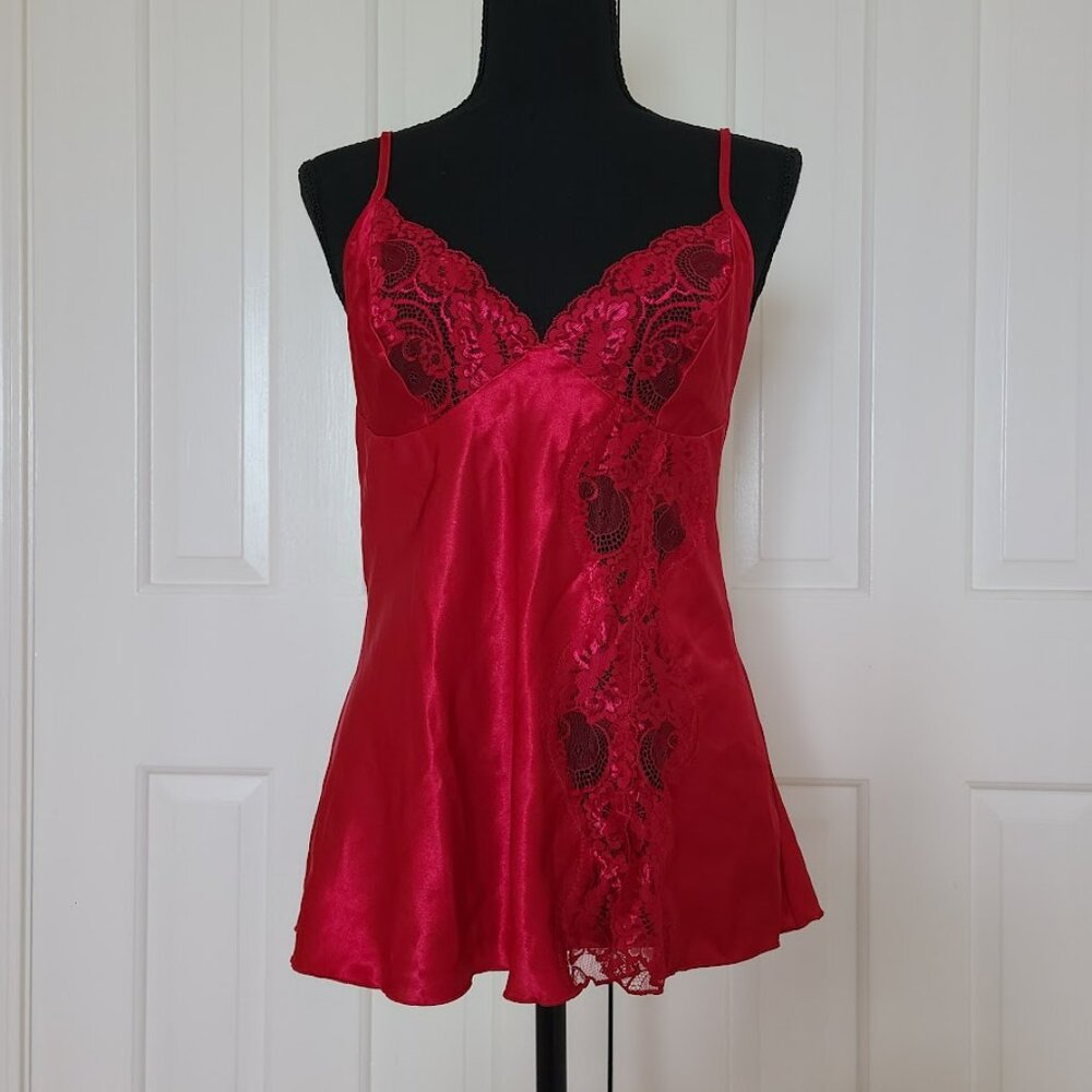 Frederic's of Hollywood Y2K Dark Satin &Lace Babydoll Cami Top Size Large